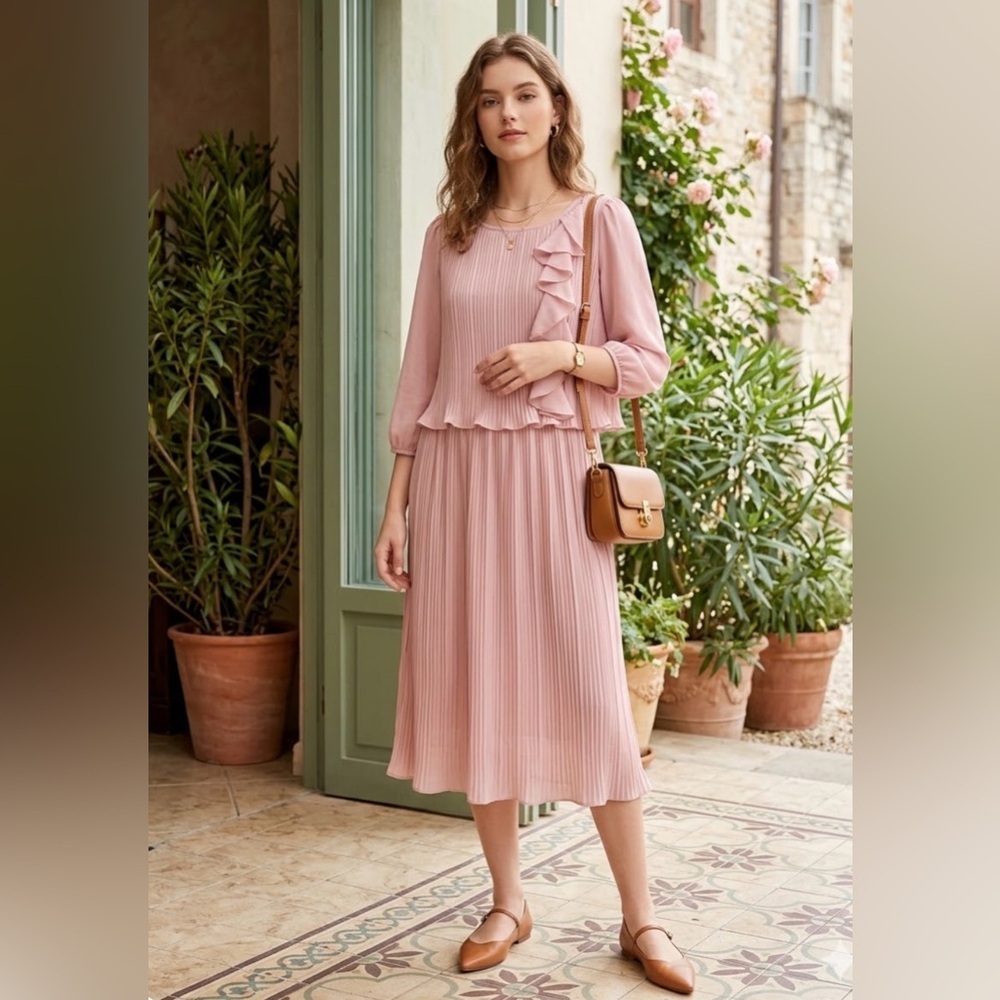 Ms.‎ Classic Vintage Pink Pleated Ruffle Midi Dress - Size 8
